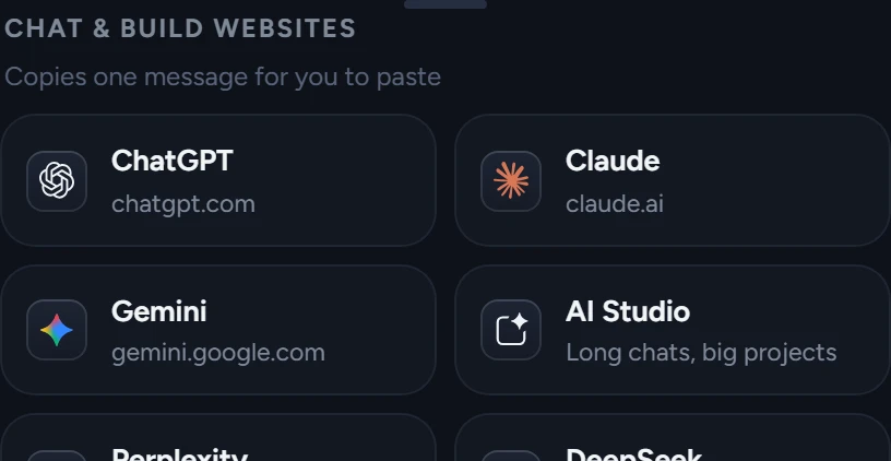 Chat websites: ChatGPT, Claude, Gemini, AI Studio