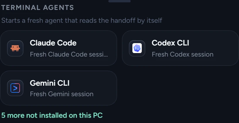 Terminal agents: Claude Code, Codex CLI, Gemini CLI